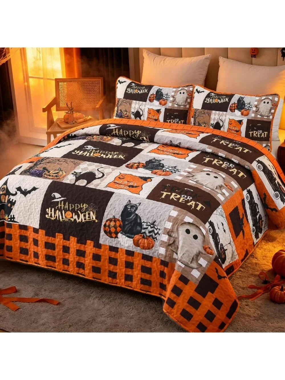 King Size Halloween Quilt Set - Fall Patchwork Bedspread, 3-Piece Cozy Bedding